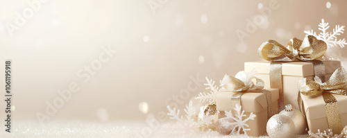 Elegant gift arrangement with metallic ribbons and snowflakes on a soft beige background