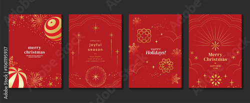 Luxury christmas greeting card art deco design vector. Christmas trees, ornaments, snowflake, firework, bauble ball, spot texture on red background. Design for holidays card, poster, cover, season.