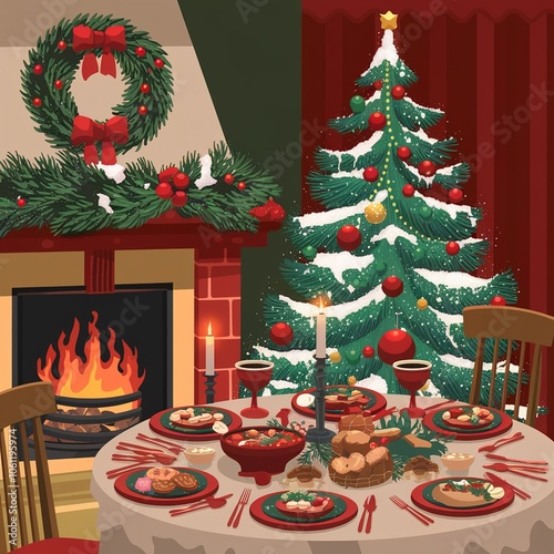 Christmas dinner in front of the fireplace
