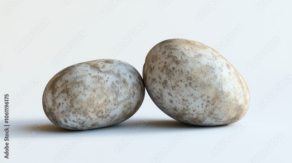 Two speckled eggs resting on a smooth surface, showcasing natural textures and colors. Two speckled eggs resting on a smooth surface, showcasing natural textures and colors.