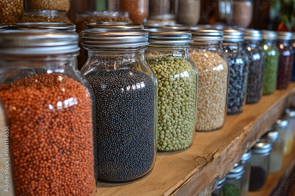 glass jars filled with bulk grains and legumes on a kitchen shelf. glass jars filled with bulk grains and legumes on a kitchen shelf.