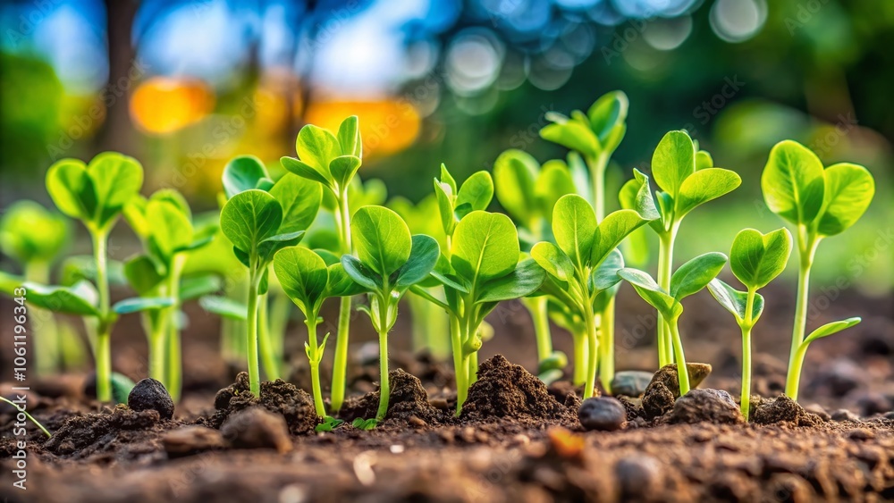 Fresh Young Pea Shoots in Organic Garden Soil - Healthy Agriculture Concept, Green Sprouts, Nutrient-Rich Plants, Sustainable Farming, Edible Garden, Plant Growth, Organic Produce Fresh Young Pea Shoots in Organic Garden Soil - Healthy Agriculture Concept, Green Sprouts, Nutrient-Rich Plants, Sustainable Farming, Edible Garden, Plant Growth, Organic Produce