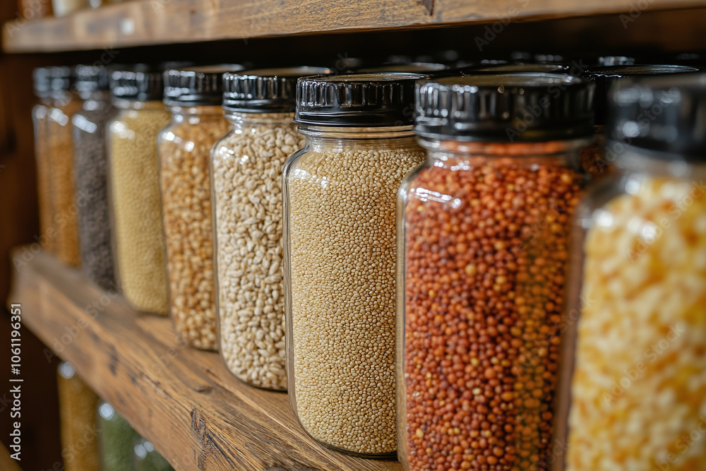 glass jars filled with bulk grains and legumes on a kitchen shelf. glass jars filled with bulk grains and legumes on a kitchen shelf.