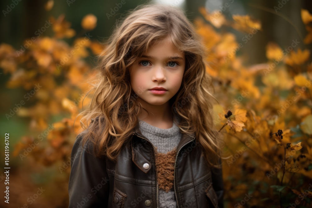 Portrait of a beautiful little girl with curly hair in autumn park Portrait of a beautiful little girl with curly hair in autumn park