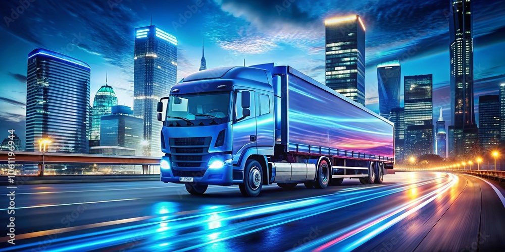 Futuristic Blue Truck in Double Exposure: Fast-Driving on Illuminated Night City Road, Urban Landscape, Nightlife, Neon Lights, High-Speed Motion, Futuristic Technology, Vibrant City