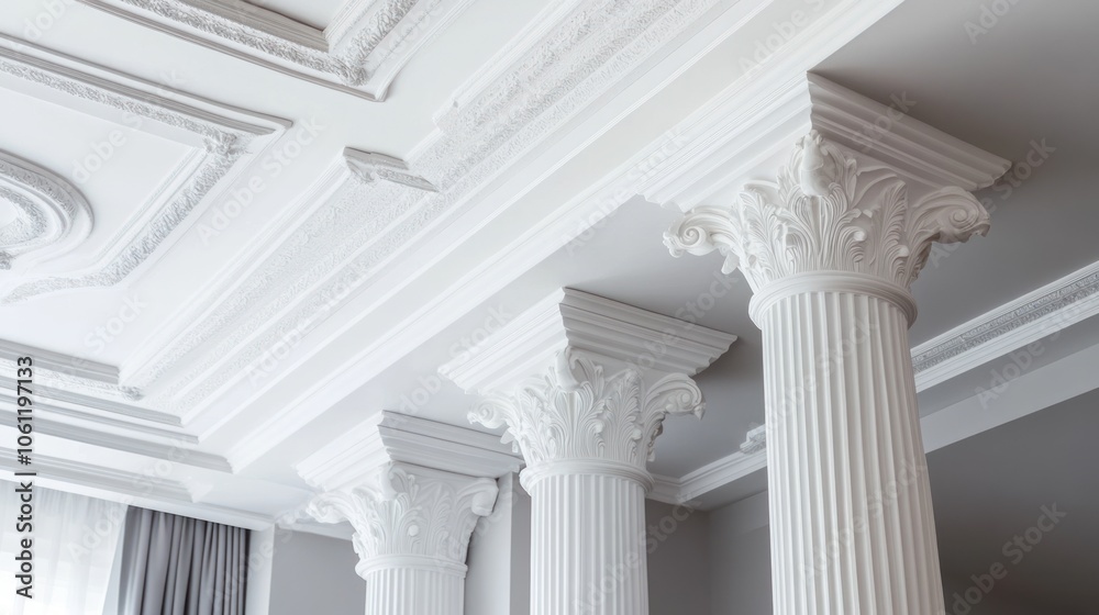 Elegant interior featuring ornate white columns and decorative ceiling details. Elegant interior featuring ornate white columns and decorative ceiling details.