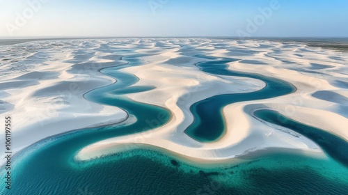 Breathtaking Aerial View of Lençóis Maranhenses National Park Brazil - Stunning Sand Dunes and Crystal Blue Lagoons Landscape Captured Under Clear Sky photo