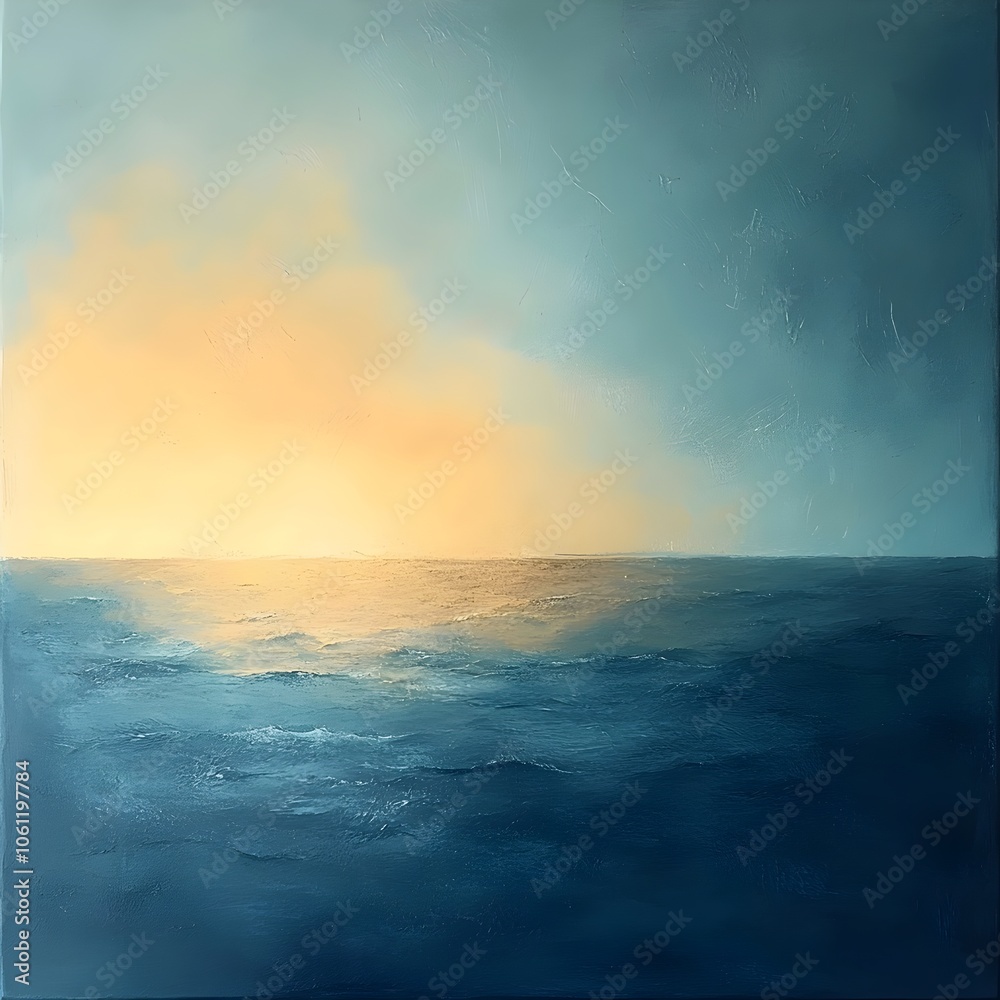 Obraz premium A serene seascape featuring a tranquil ocean meeting a soft sunset, with a gradient of blue and warm tones creating a calming atmosphere.