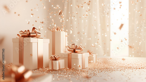 Minimalist copper and beige Christmas decor with 3D gift boxes and confetti photo