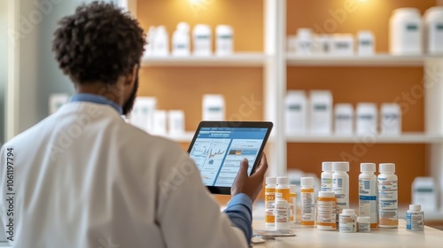 Pharmacist Analyzing Medical Data on Tablet in Pharmacy