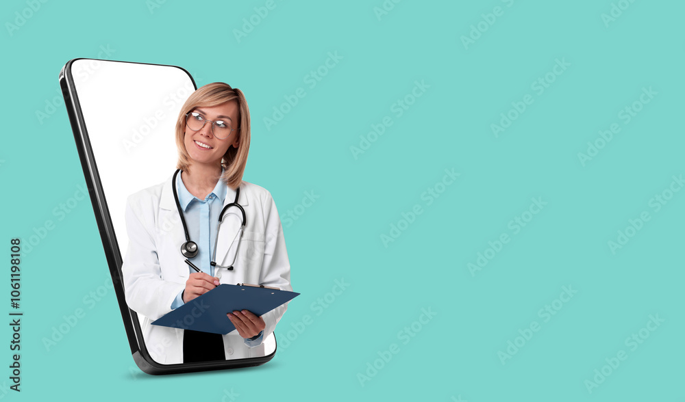 Online medical consultation. Doctor with clipboard on smartphone screen against turquoise background. Banner design with space for text Online medical consultation. Doctor with clipboard on smartphone screen against turquoise background. Banner design with space for text