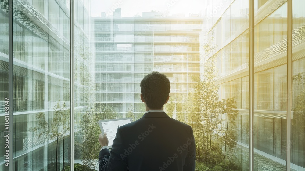 Businessman Standing in Front of Glass Atrium with Sunlight Businessman Standing in Front of Glass Atrium with Sunlight