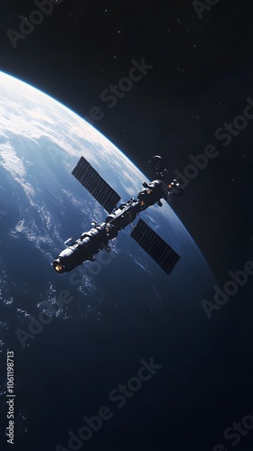 A futuristic space station orbits a blue planet, showcasing advanced technology and the potential for future space exploration.