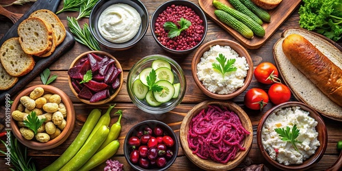 **Drone Photography: Probiotic Feast - Kimchi, Sauerkraut, Cottage Cheese, Olives, Bread, Chocolate, Kefir, Pickled Cucumbers**