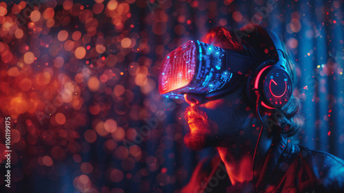 Man wearing a VR headset and headphones, immersed in a neon-lit virtual environment with bokeh effects, creating a futuristic and immersive atmosphere