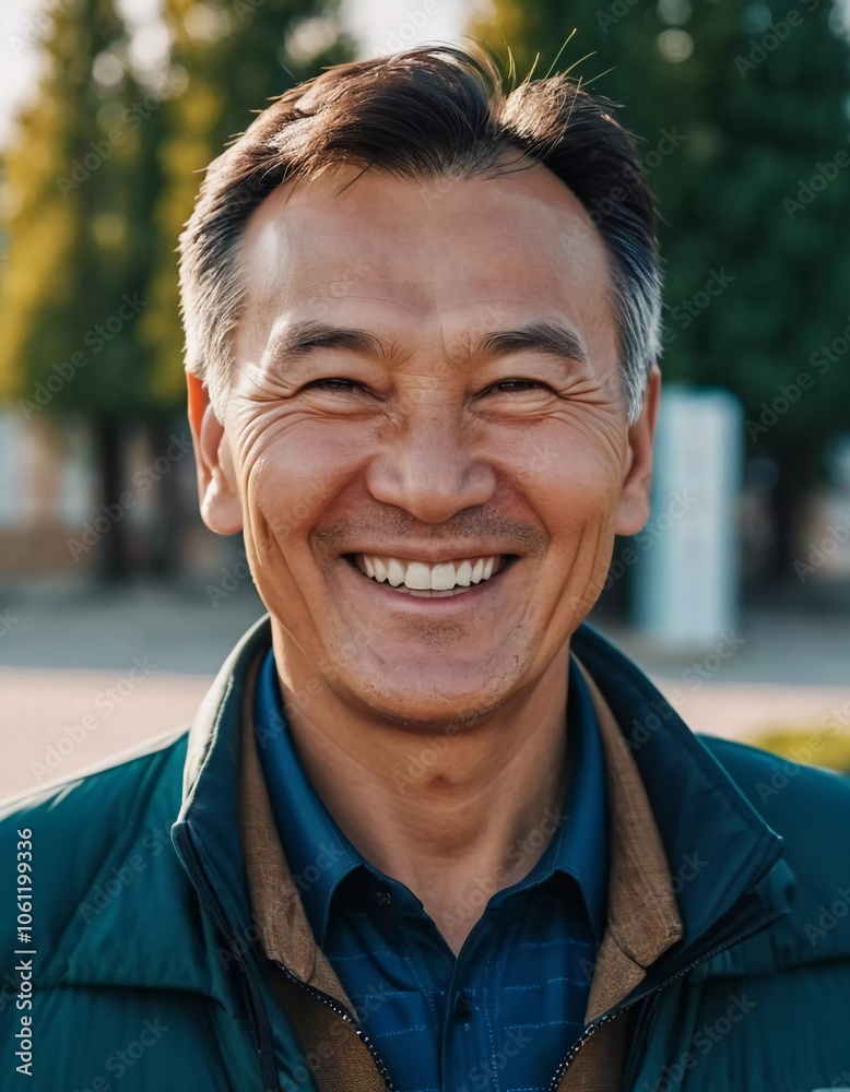 A man 50 years old with a genuine smile stands outside in a lively area showcasing a friendly demeanor and enjoying the beautiful day among vibrant surroundings. A resident of Kazakhstan. AI generated A man 50 years old with a genuine smile stands outside in a lively area showcasing a friendly demeanor and enjoying the beautiful day among vibrant surroundings. A resident of Kazakhstan. AI generated