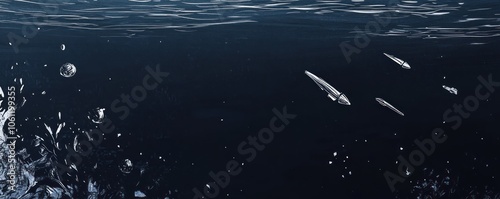 Underwater scene featuring bubbles and sleek objects moving through dark water.