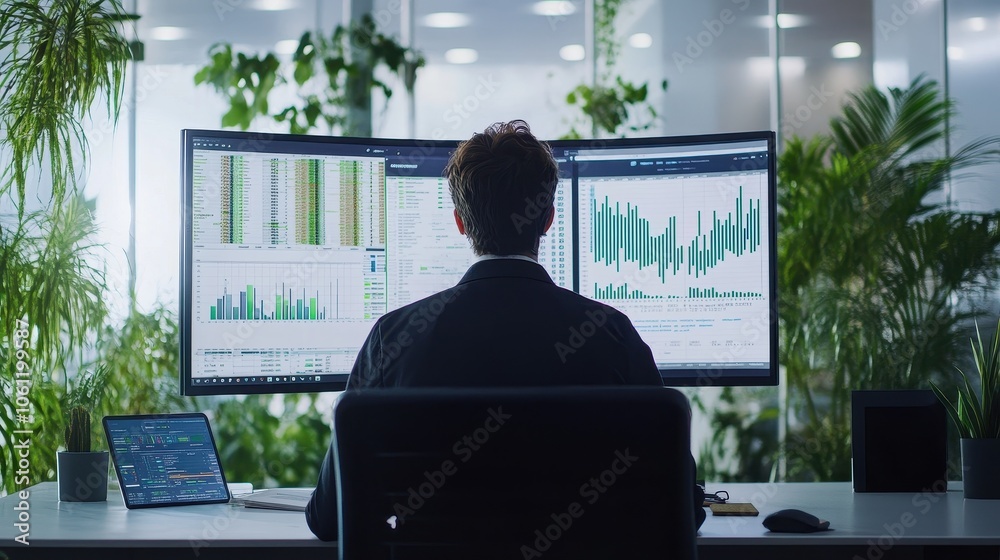 Analyst Reviewing Financial Data on Multiple Computer Screens Analyst Reviewing Financial Data on Multiple Computer Screens