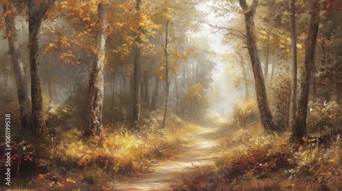 A serene autumn forest path illuminated by soft light and surrounded by colorful foliage.