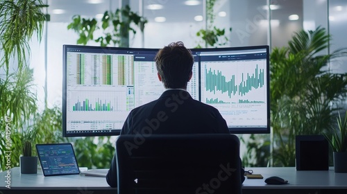 Analyst Reviewing Financial Data on Multiple Computer Screens