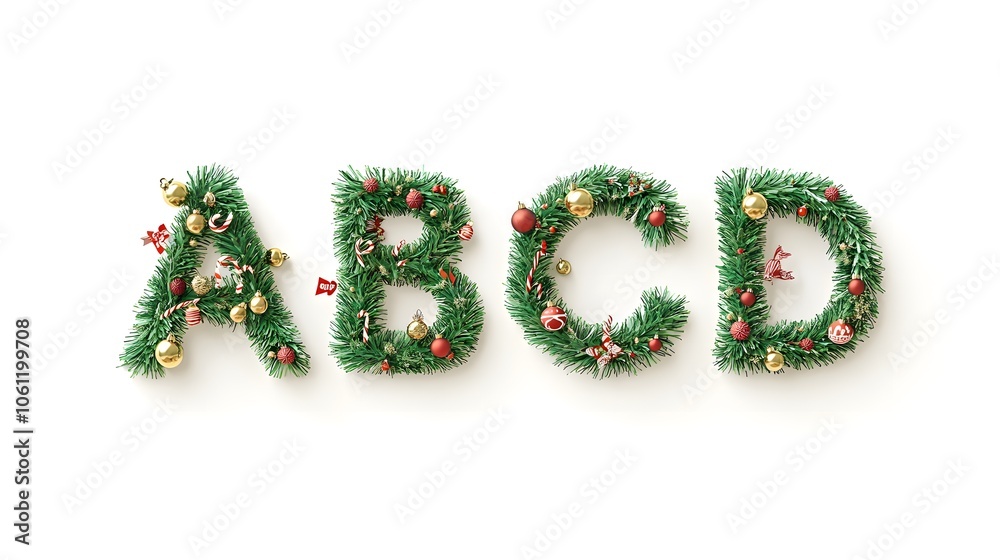 ABCD letters in green holiday garlands with ornaments ABCD letters in green holiday garlands with ornaments