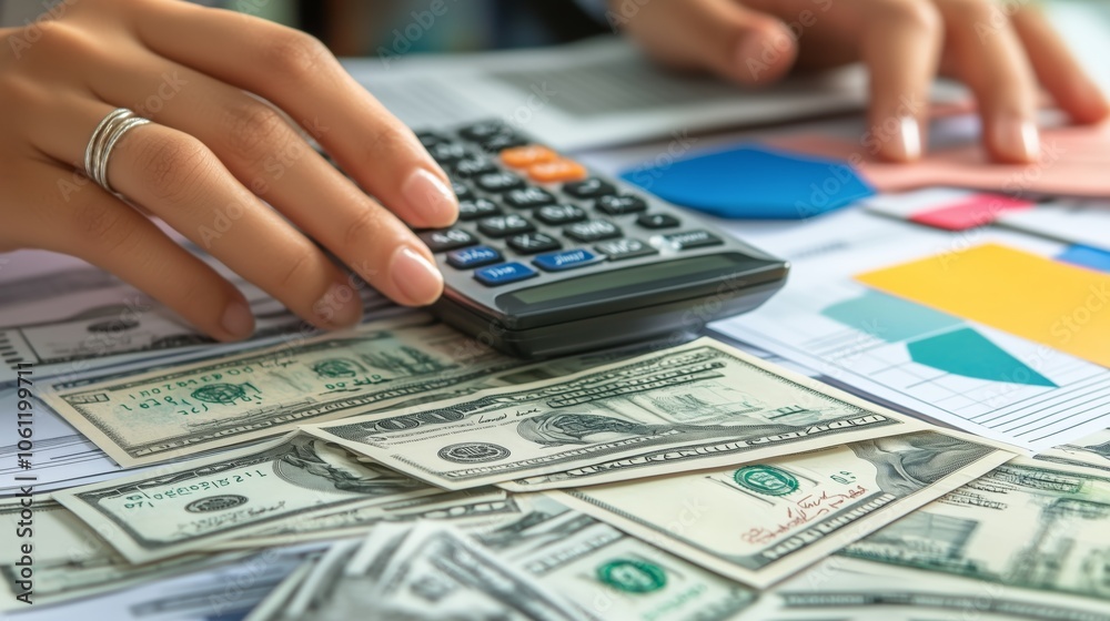 Hands counting money calculator financial documents desk budgeting finance management. AI generated Hands counting money calculator financial documents desk budgeting finance management. AI generated