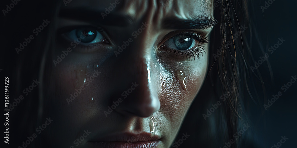 Close up of a tearful eye, a single woman with tears on her face, generative AI Close up of a tearful eye, a single woman with tears on her face, generative AI