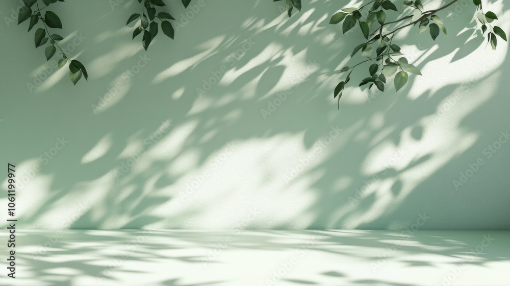 A serene backdrop with soft shadows and green leaves on a light wall. A serene backdrop with soft shadows and green leaves on a light wall.