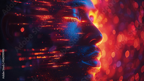 Profile of a man with eyes closed, illuminated by vibrant red and blue neon lights and digital light trails, creating a futuristic and cybernetic atmosphere with a sense of introspection