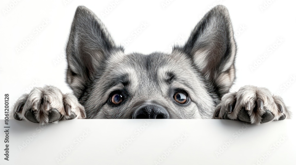A curious dog peeks over a white surface with expressive eyes and perky ears. A curious dog peeks over a white surface with expressive eyes and perky ears.