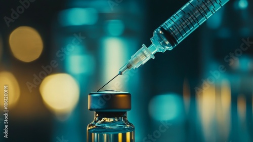 A close-up shot of the syringe being inserted into an overhead vial, with focus on its sharp tip and visible needle in motion. photo