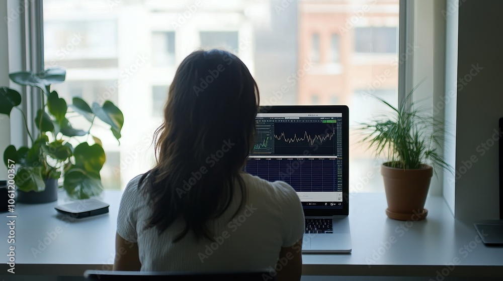 Woman Analyzing Stock Charts on Her Laptop by the Window Woman Analyzing Stock Charts on Her Laptop by the Window
