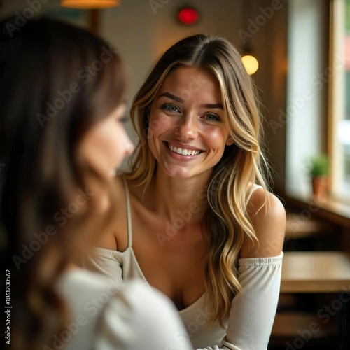 young Caucasian woman with long, wavy brown hair taking a selfie with a mirror in a bright cafe