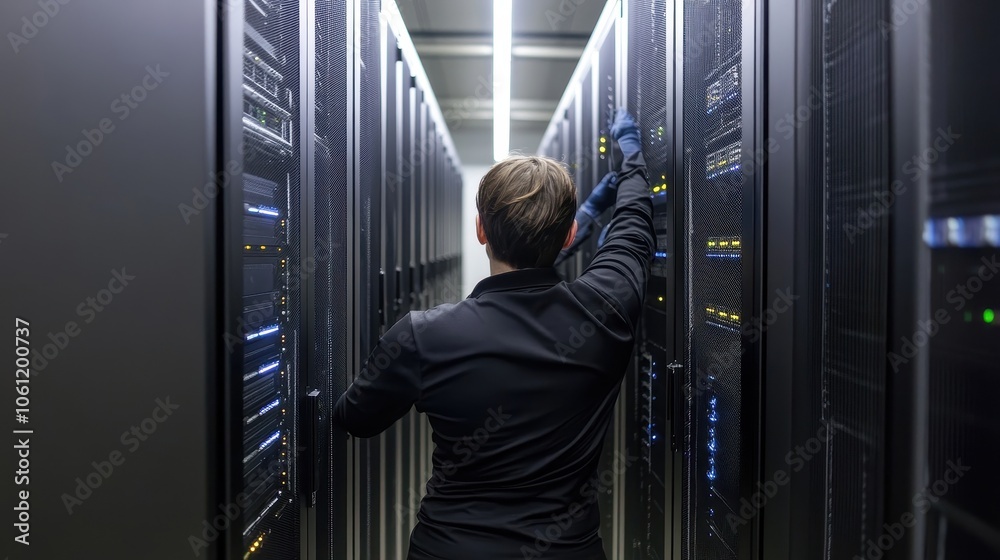 Fototapeta premium Technician Maintaining a Rack of Servers in a Data Center