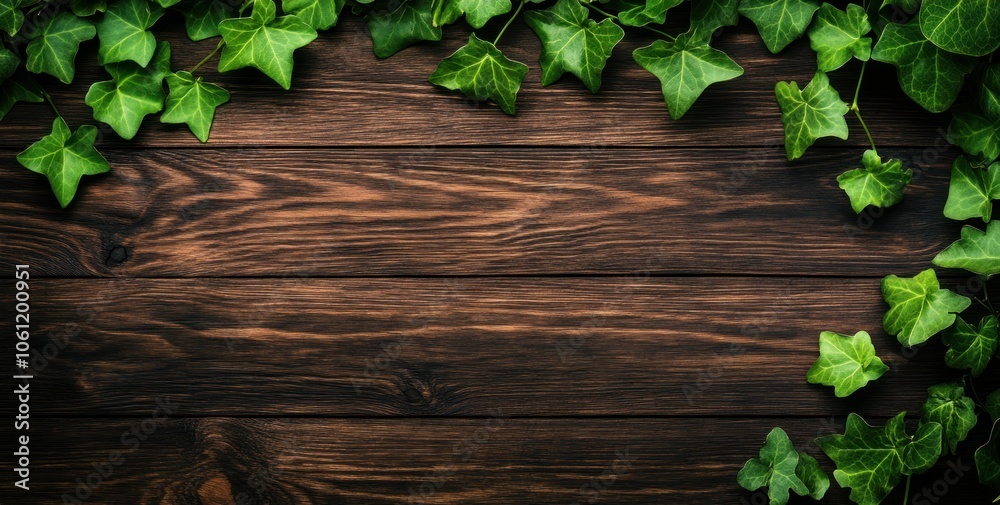 Lush green ivy leaves on a rustic wooden background. Lush green ivy leaves on a rustic wooden background.