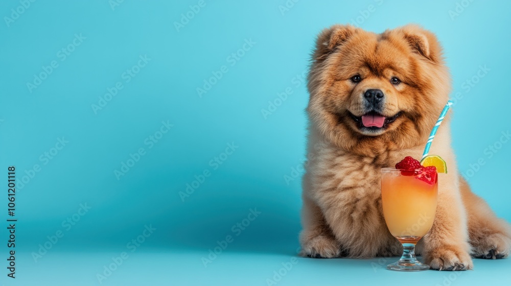 Fototapeta premium A fluffy dog sits next to a colorful cocktail on a blue background.