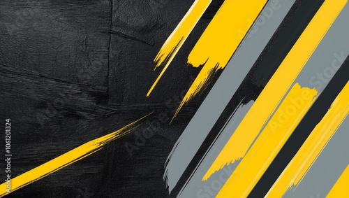 Bold abstract background with striking yellow and gray brush strokes on a textured black surface, creating a high-energy, industrial aesthetic.