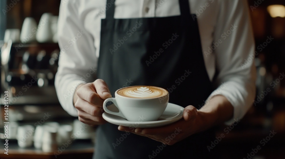 A barista presenting a beautifully crafted latte art in a coffee shop setting. A barista presenting a beautifully crafted latte art in a coffee shop setting.