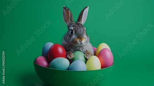 Funny easter concept holiday animal celebration greeting card - Cute little easter bunny, rabbit sitting in many colorful painted esater eggs, isolated on green background  photo