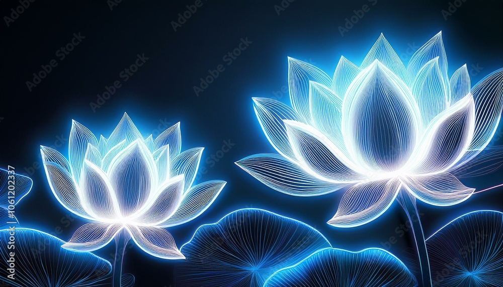 Two glowing white lotus flowers with blue outlines against a dark blue background. Two glowing white lotus flowers with blue outlines against a dark blue background.