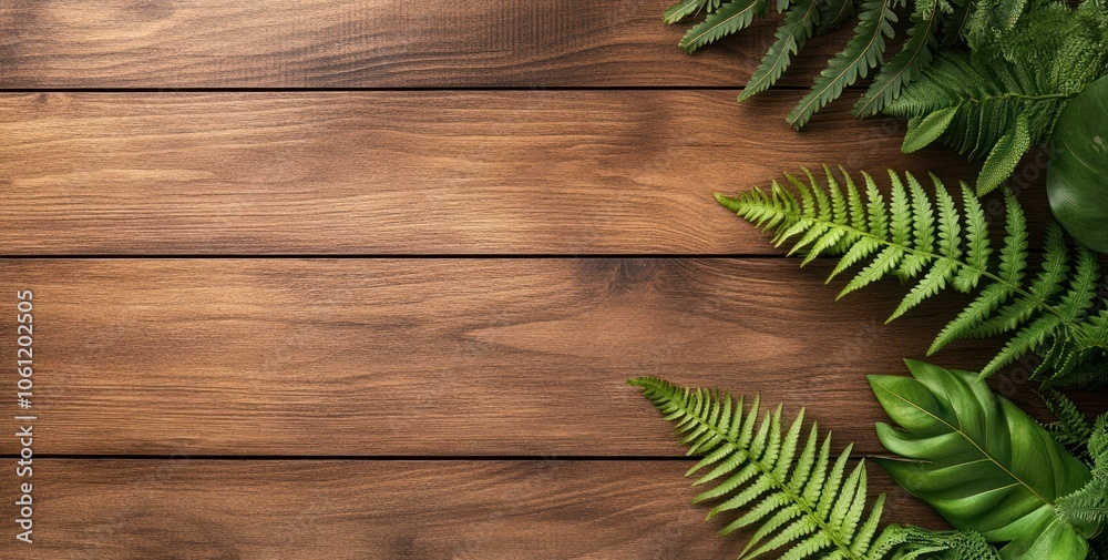 A wooden surface adorned with lush green ferns, creating a natural and serene atmosphere. A wooden surface adorned with lush green ferns, creating a natural and serene atmosphere.