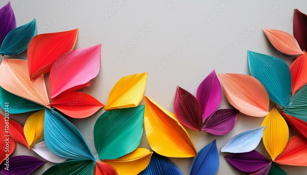 Colorful paper leaves arranged in a half-circle on a gray background. Colorful paper leaves arranged in a half-circle on a gray background.
