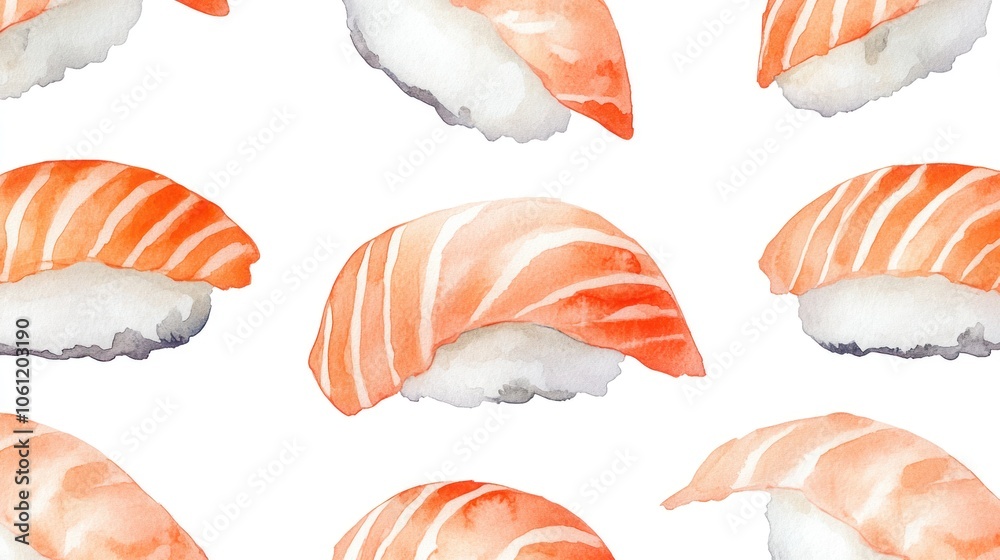 A pattern of watercolor sushi pieces featuring salmon on rice. A pattern of watercolor sushi pieces featuring salmon on rice.