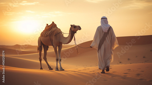 Middle Eastern man and camel walking on sand dunes in the desert