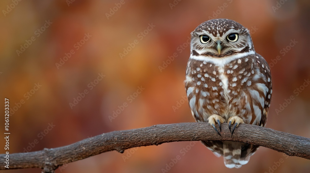 Obraz premium A close-up of a spotted owl perched on a branch against a blurred autumn background.