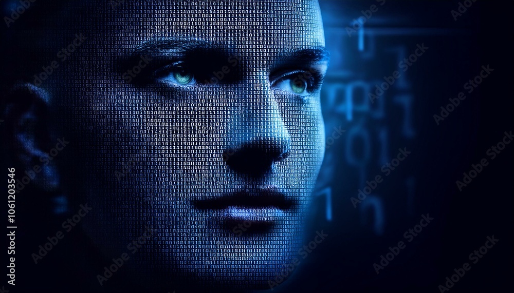 A close-up of a person's face, rendered in a digital style, with binary code forming the features. A close-up of a person's face, rendered in a digital style, with binary code forming the features.