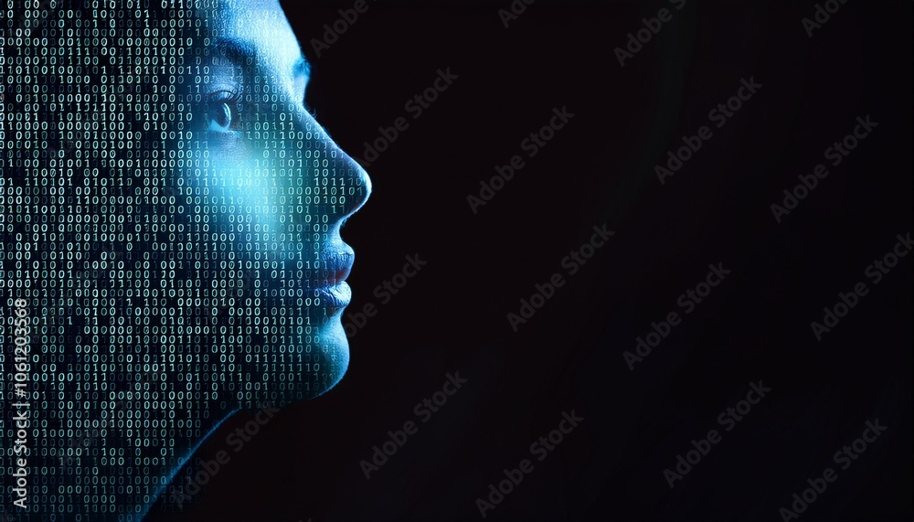 A woman's face is partially obscured by a digital pattern of ones and zeros, evoking a sense of mystery and the intersection of technology and humanity. A woman's face is partially obscured by a digital pattern of ones and zeros, evoking a sense of mystery and the intersection of technology and humanity.