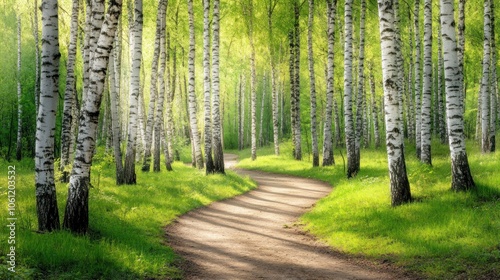 A serene winding path through a lush birch forest, inviting exploration and tranquility.