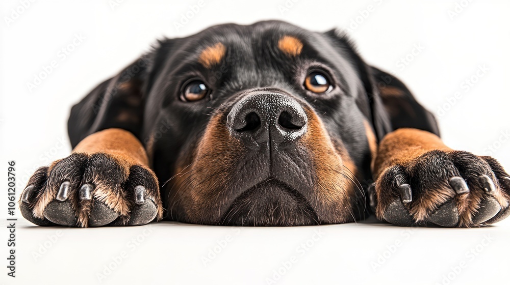 Fototapeta premium A close-up of a Rottweiler puppy resting with its paws stretched out.
