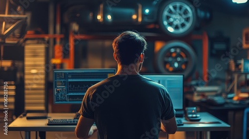 Computer Technician Analyzing Diagnostic Data in Auto Repair Workshop